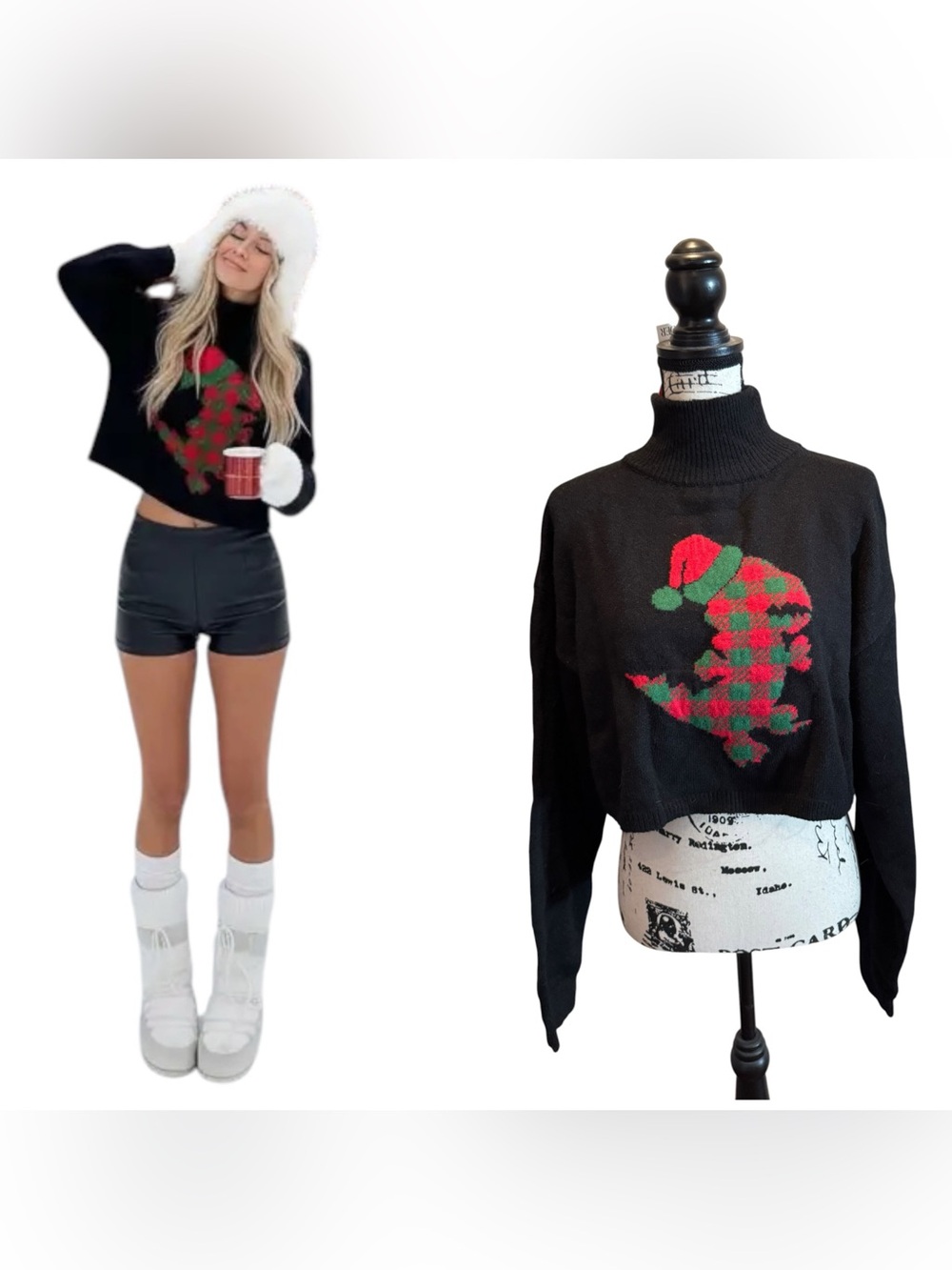 Cider Cropped Turtleneck Christmas Sweater Festive Black Size M Plaid Dinosaur